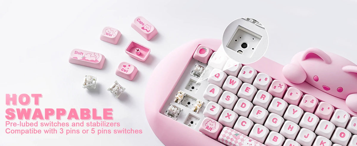 YUNZII C68 Pink 65% Hi-Fi Cute Cat Silicone Hot Swap NKRO  Ergonomic Wireless BT5.0/2.4G/Wired RGB Mechanical Gaming Keyboard