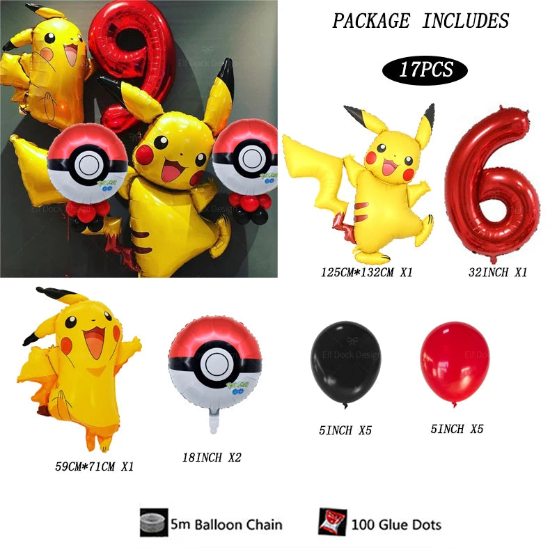 17pcs Pokemon Pikachu Theme Suit Balloon 40inch Red Number 1-9Foil Balls Children Birthday Party Decora Supplies Baby Shower