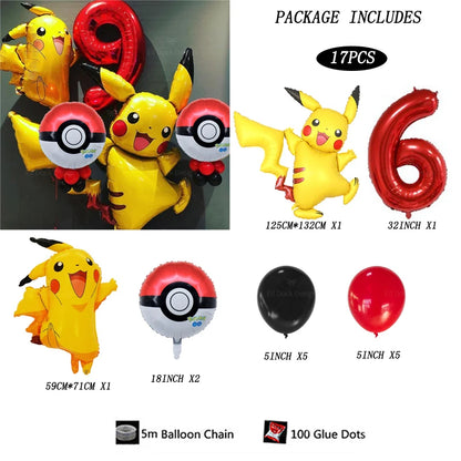17pcs Pokemon Pikachu Theme Suit Balloon 40inch Red Number 1-9Foil Balls Children Birthday Party Decora Supplies Baby Shower