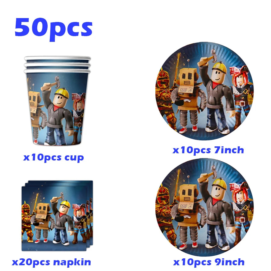 Hot Roblox Disposable Tableware Tableware Set Tablecloth Napkins Candy Box Gift Bag Kids Birthday Party Supplies Gifts