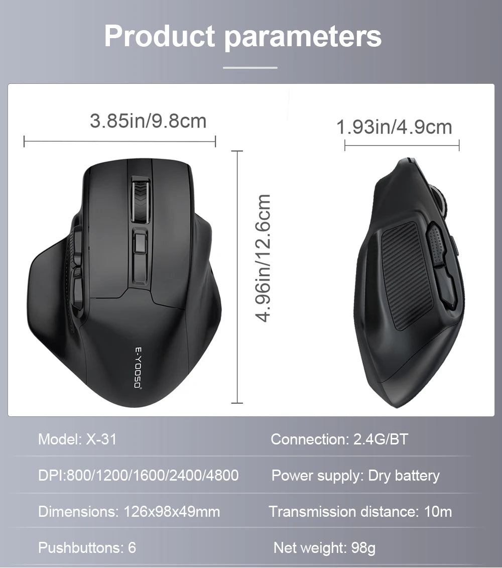 E-YOOSO X-31 Pro USB Gaming Large Mouse Support Bluetooth 2.4G Wireless PAW3212 4800 DPI for gamer Mice computer laptop PC