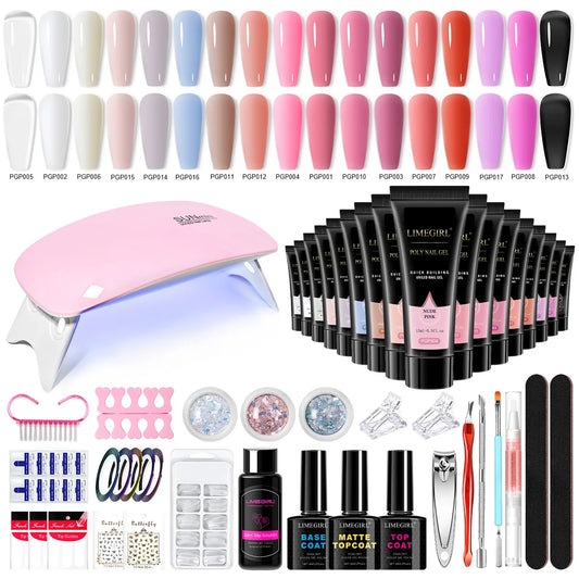 LIMEGIRL 15ML Nail Extension Gel Kit UV Gel Soaking Primer Pen Washing Water Glitter Manicure Mini LED Lamp Nail Gel Kit