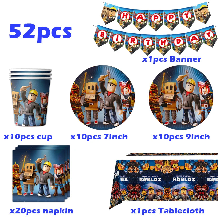 Hot Roblox Disposable Tableware Tableware Set Tablecloth Napkins Candy Box Gift Bag Kids Birthday Party Supplies Gifts