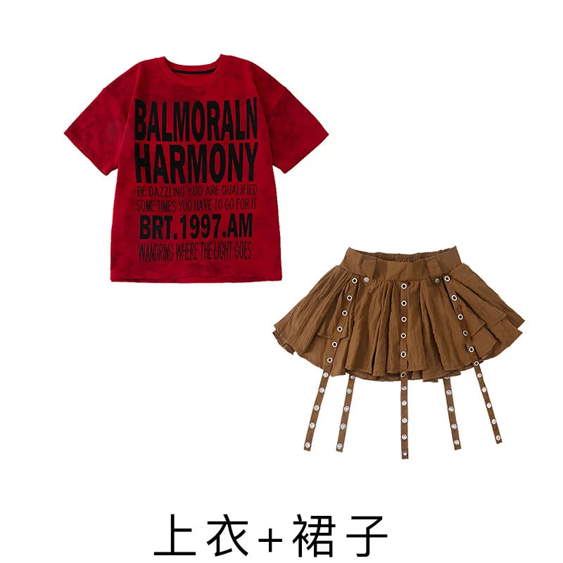 Girls Hiphop Group Jazz Dance Performance Clothes Loose Short Sleeve Top Pants Street Dance Costumes Wear