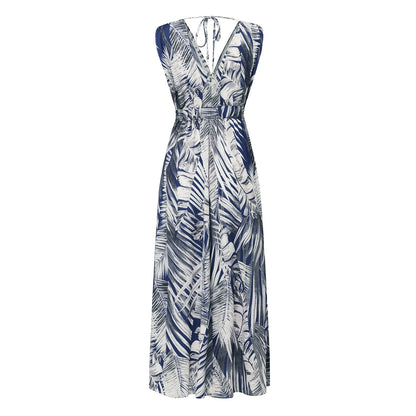 Summer Women Chiffon Floral Long Dress French Style Short Sleeve Elastic A-line Dresses Summer Bohemian Print Beach Dress