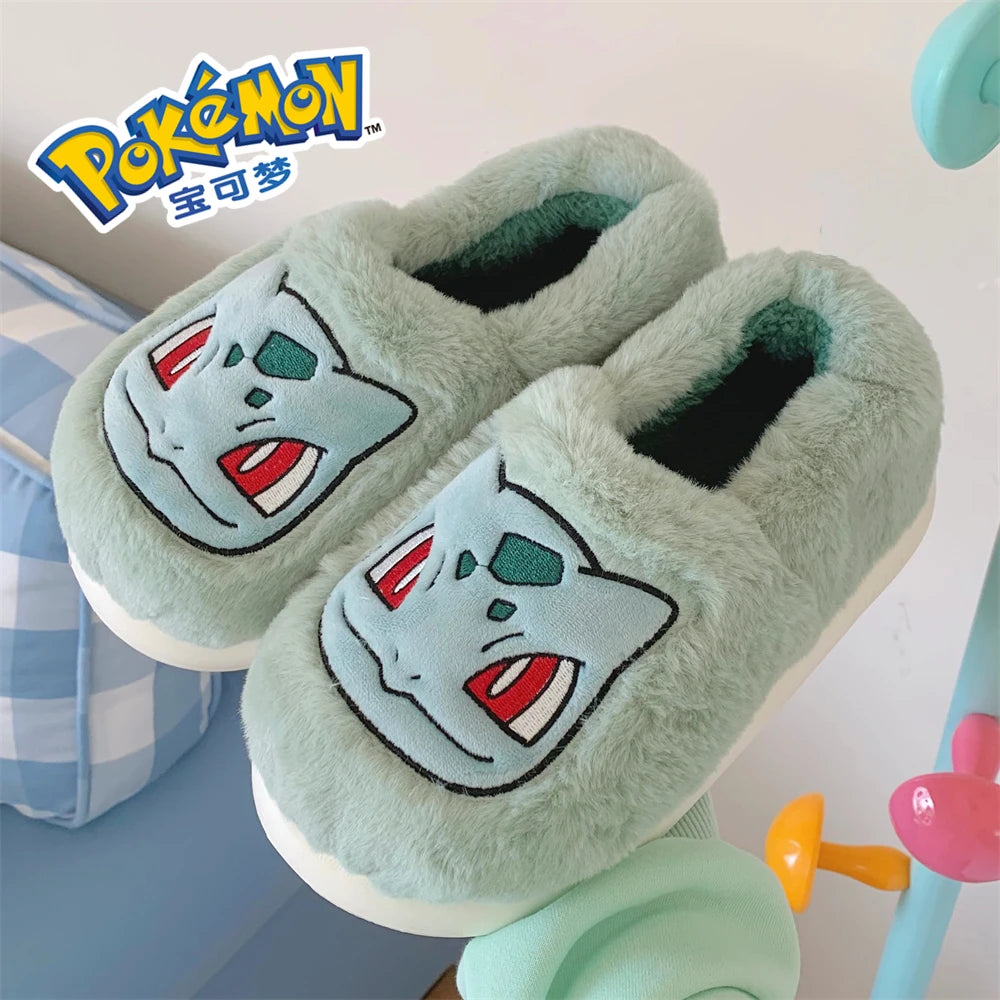 Pokemon Anime Couple Slippers Cute Pikachu Eevee Cartoon Cotton Home Shoes for Men And Women with Velvet Insulation Winter Gifts