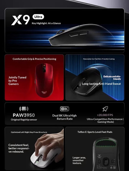AULA X9 Max Ultra Gaming Mouse Wireless Tri Mode Lightweight Dual 8KHz 500mAh PAW3950 Ergonomic Esports Mouse Gaming Accessories