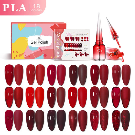 AS 18pcs 15ml Nail Gel Polish Set Red Dark Vernis Semi Permanent Nail Art Supplies Manicure UV Gel Nail Varnish Kit With Chart