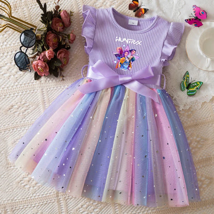 Girls' HUNTRX Rainbow Tulle Princess Dress: Sequin Star & Chibi Idol Party Gown