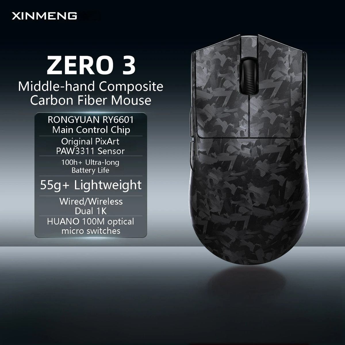 XINMENG ZERO 3 Gaming Mouse PAW3311/PAW3395/PAW3950 E-sport Sensor 1K/8K Polling Rate Carbon Fiber Case 500mAh Battery Wireless