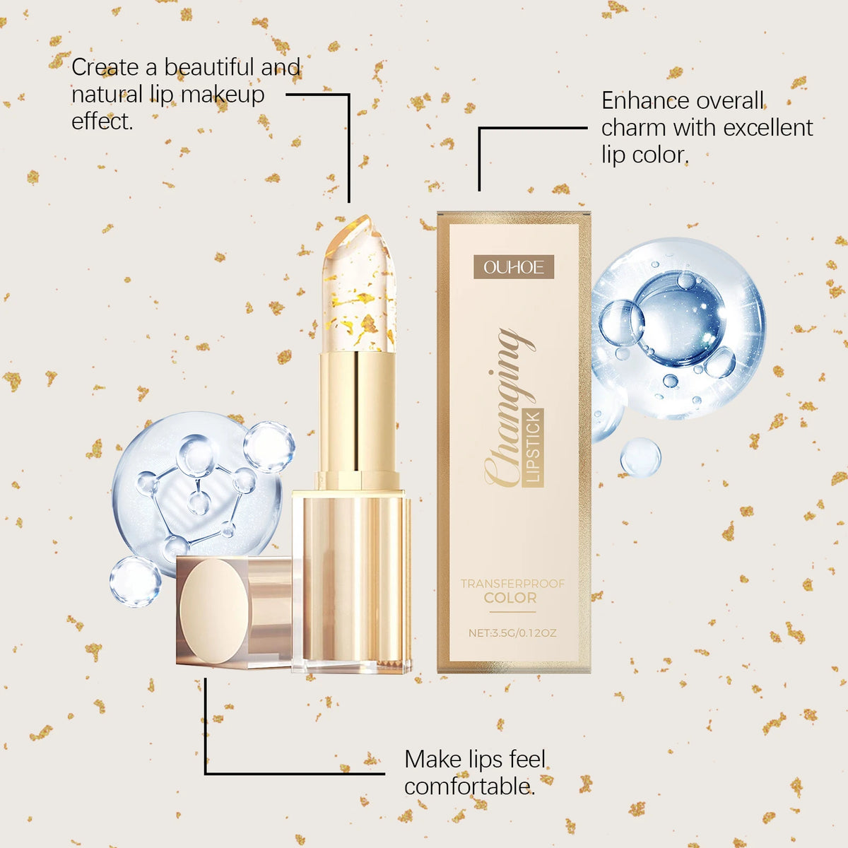 Gold Foil Color Changing Lip Balm Glossy Non-Sticky Nourishing Moisturizing Lasting Transferproof Color Changing Lipstick