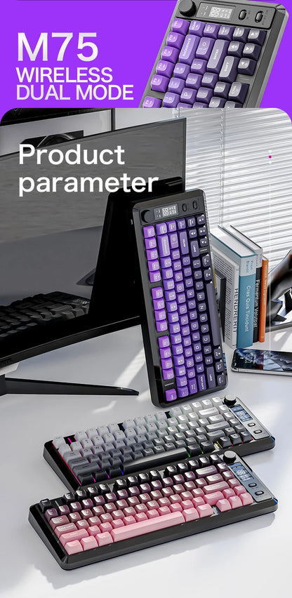 FREEWOLF M75 Wireless Keyboard, Bluetooth Dual-mode, PBT Gradient Ball Cap, With Display Screen, Gaming Keyboard