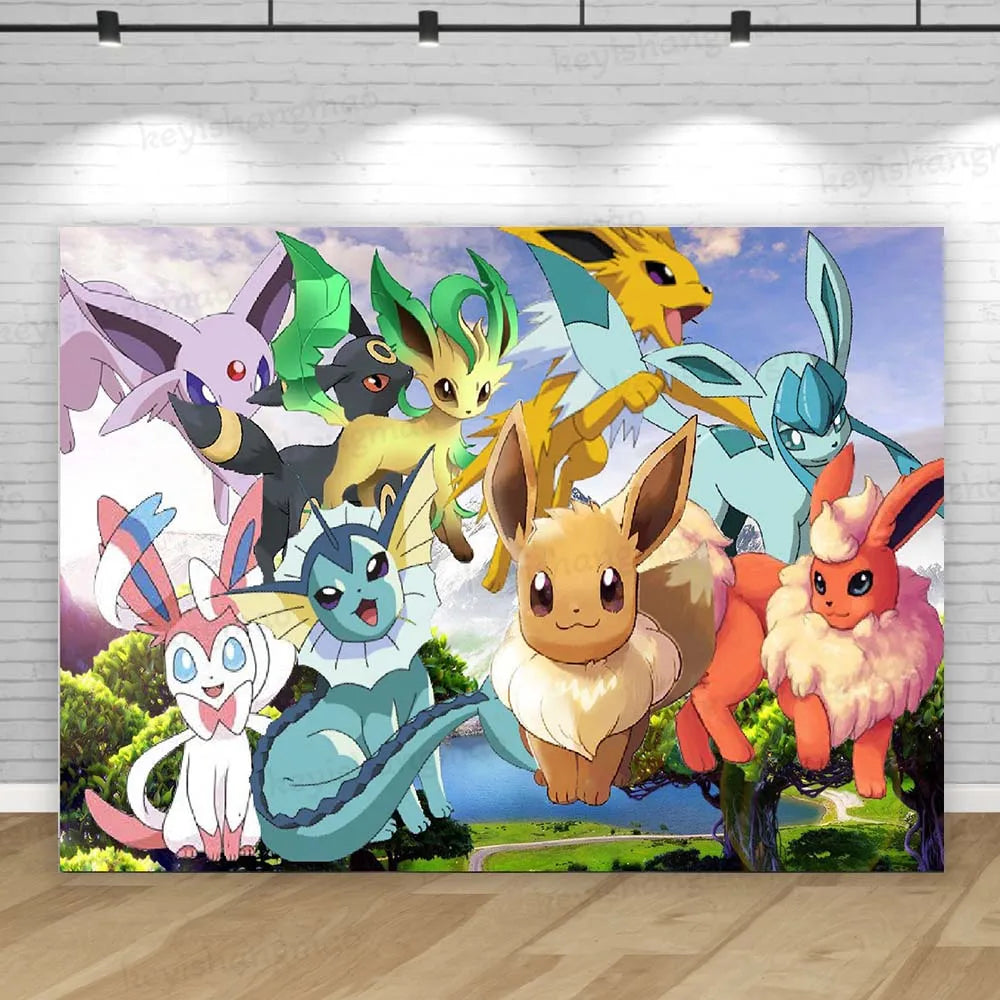 Eevee Family Pokemon Backdrop Cute Girl Princess Birthday Party Background Photography Bedroom Wall Hanging Photo Banner Decor