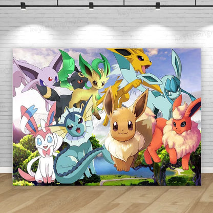 Eevee Family Pokemon Backdrop Cute Girl Princess Birthday Party Background Photography Bedroom Wall Hanging Photo Banner Decor