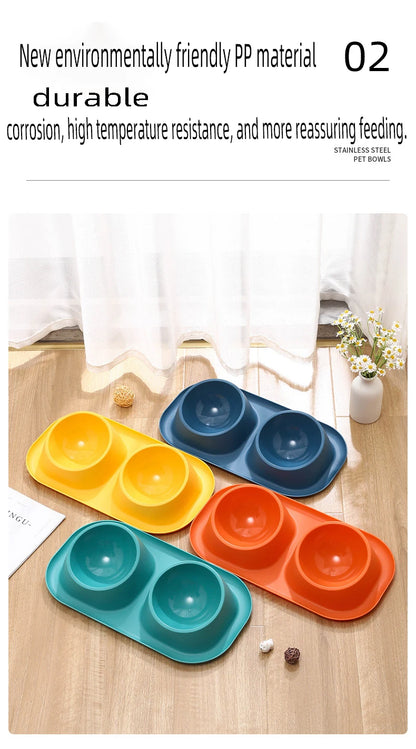 1pc Stainless Steel Double Cat Dog Bowl Cat Food Container Non-slip Base Pet Water Feeder Tilt Safeguard Neck Puppy Cats Bowls