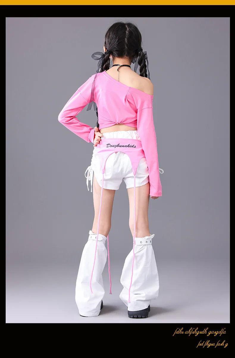 Girls Hip Hop Off Shoulder Crop Top ‌Street Dance Skirts Cargo Pants Children Streetwear Jeans Kids K-pop Girl Group Clothes Set