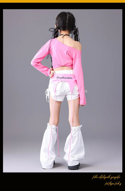 Girls Hip Hop Off Shoulder Crop Top ‌Street Dance Skirts Cargo Pants Children Streetwear Jeans Kids K-pop Girl Group Clothes Set