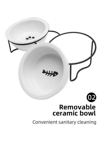 1 Set Elevated Ceramic Cat Bowls 1 Set Non-Slip Ceramic Cat Food And Water Bowls With Iron Bracket, Elevated Tilted Cat Feeder