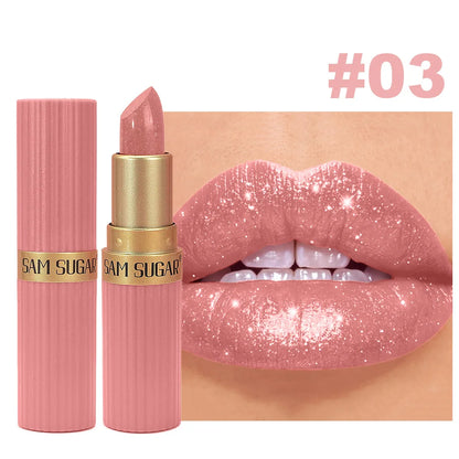 Pearlescent Pink Glitter Velvet Lipstick Metallic Waterproof Long Lasting Matte Shimmer Diamond Lipstick Women Makeup Cosmetic