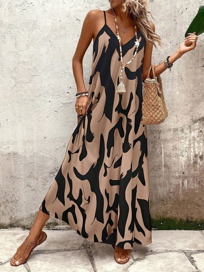 Summer 2026 Women's Fashion Slim Fit Floral Print V-Neck Loose Holiday Style Dress Knitted Fabric A- Line Skirt Casual Wear