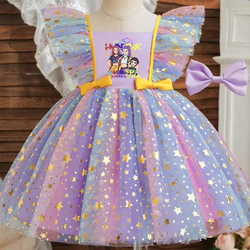Girls' K-Pop HUNTRX "Holiday Star" Tutu Dress: Rainbow Tulle Gown with Gold Sequins & Ruffle Wings