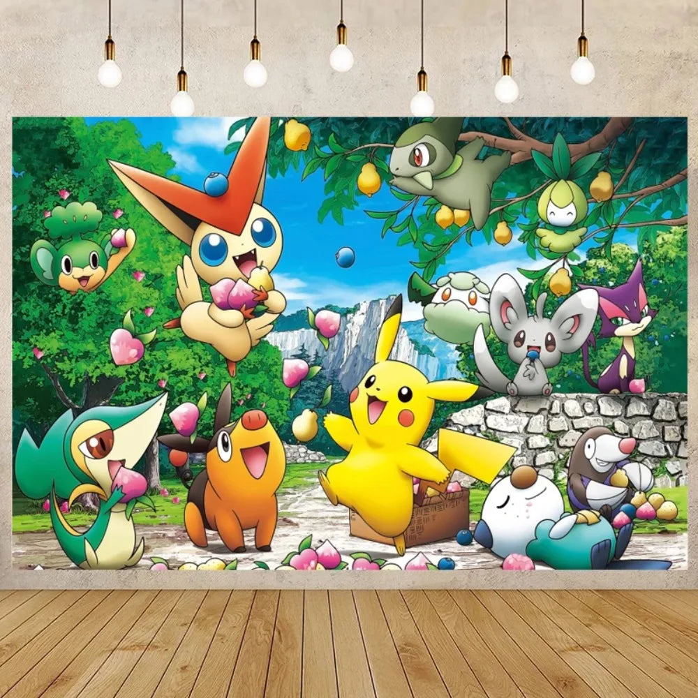 Cartoon Cute Kid Birthday Party Decorations Backdrop Pikachu Theme Photography Background Baby Shower Banner Photo Booth Props