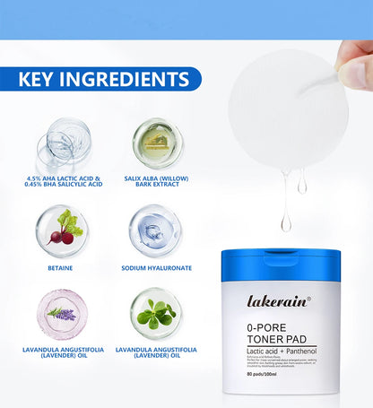 lakerain 0-PORE Toner Pads: Lactic Acid & Panthenol Exfoliating Treatment (80 Pads)