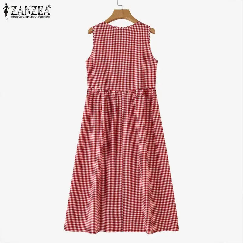 ZANZEA Summer Plaid Checked Sundress Bohemain Holiday Dresses Women Elegant O Neck Sleeveless Dress Casual Baggy Work Vestidos