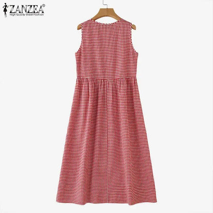 ZANZEA Summer Plaid Checked Sundress Bohemain Holiday Dresses Women Elegant O Neck Sleeveless Dress Casual Baggy Work Vestidos