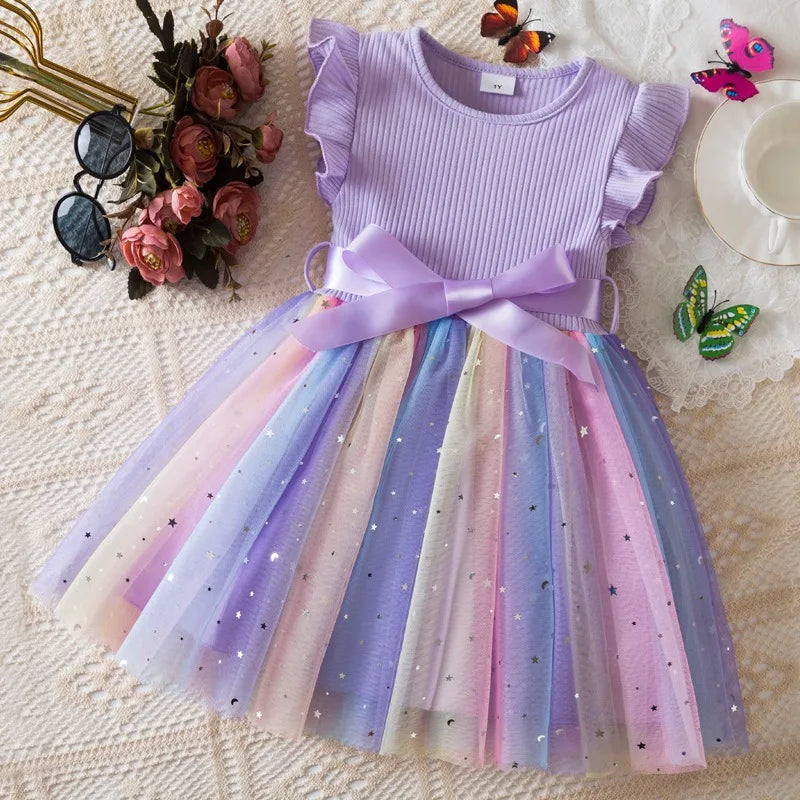 Girls' HUNTRX Rainbow Tulle Princess Dress: Sequin Star & Chibi Idol Party Gown