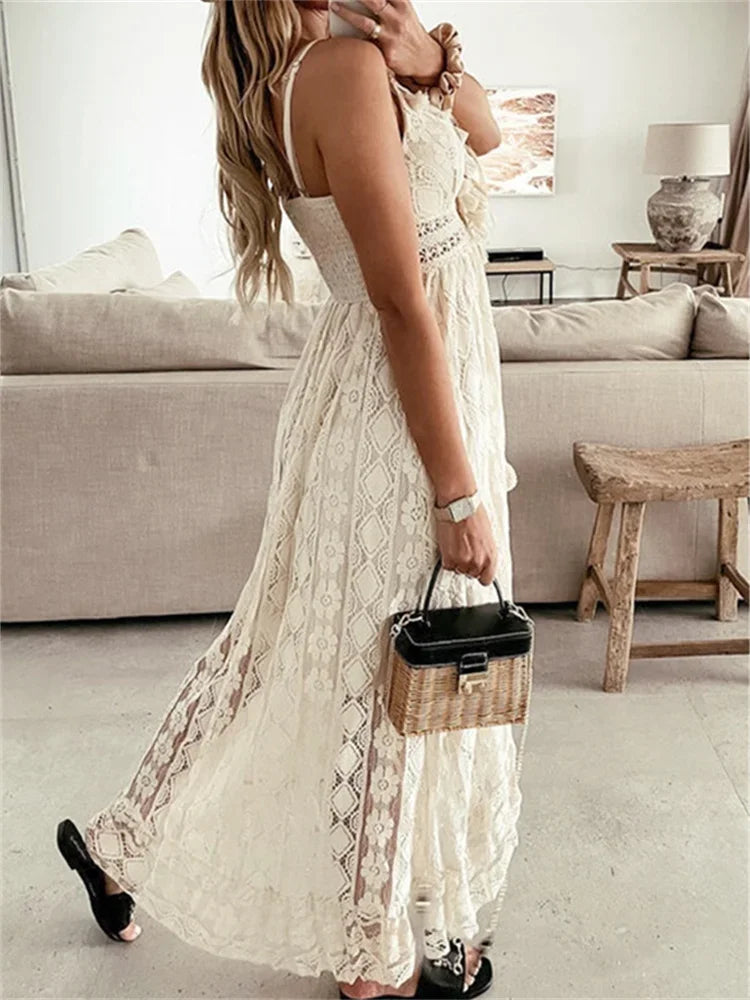 2026 Fashion Women Lace White Long Dress Sleeveless V Neck Flowy Ruffle Dress Summer Bohemian Retro Sexy Beach Holiday Dresses
