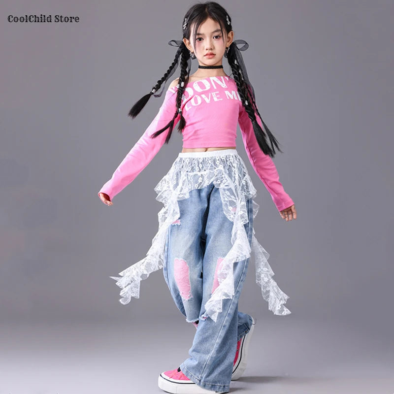 Girls Hip Hop Off Shoulder Crop Top ‌Street Dance Skirts Cargo Pants Children Streetwear Jeans Kids K-pop Girl Group Clothes Set