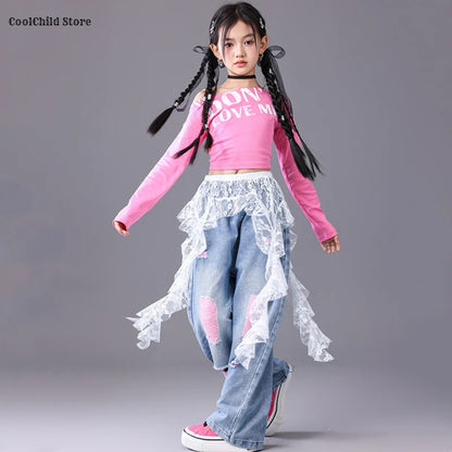Girls Hip Hop Off Shoulder Crop Top ‌Street Dance Skirts Cargo Pants Children Streetwear Jeans Kids K-pop Girl Group Clothes Set