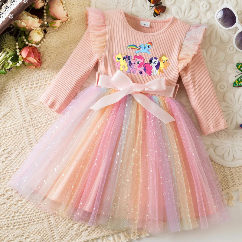 My Little Ponys Colorful Princess Dress for Kids Girls Casual Long Sleeve Sequin Mesh Dresses Party Gift 1-5Y