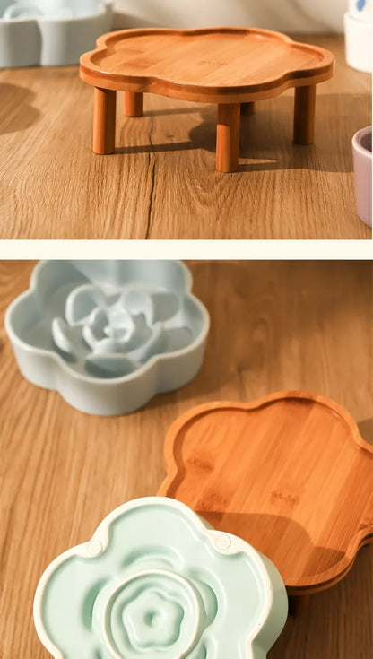 Ceramic Slow Food Bowl Anti-choking Cat Feeding Basin To Prevent Black Chin Small Dog Cat Neck Guard Wooden Frame Slow Food Bowl