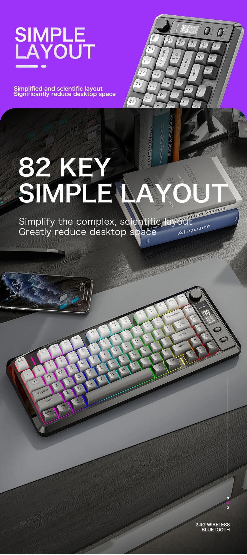 FREEWOLF M75 Wireless Keyboard, Bluetooth Dual-mode, PBT Gradient Ball Cap, With Display Screen, Gaming Keyboard