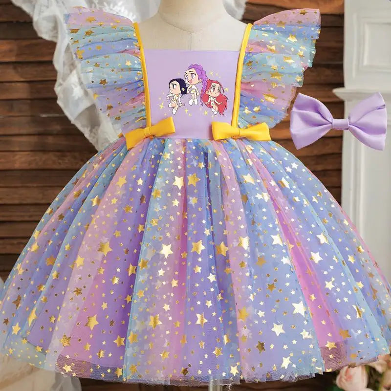 Girls' K-Pop HUNTRX "Holiday Star" Tutu Dress: Rainbow Tulle Gown with Gold Sequins & Ruffle Wings