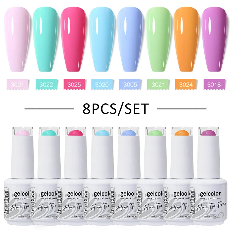 Arte Clavo 8Pcs/Set Gel Nail Polish Set 15ml Colorful Semi Permanent For Manicure Varnish Soak Off UV LED Nail Art Gel Kits