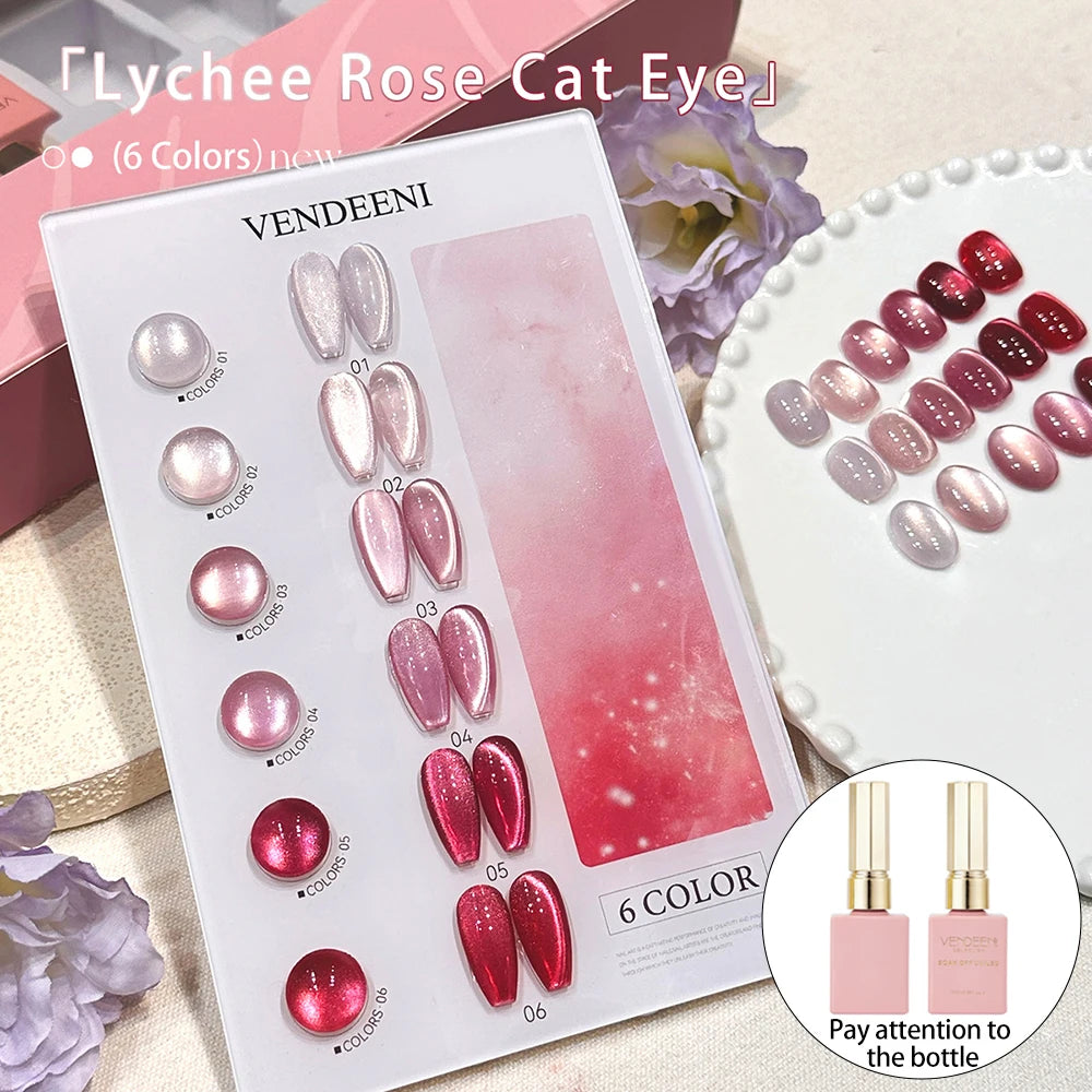 Vendeeni 6 Colors Crystal Cat Eye Gel Nail Polish Set Semi Permanent Sparkling Magnetic UV LED Soak Off Gel Varnish With Display