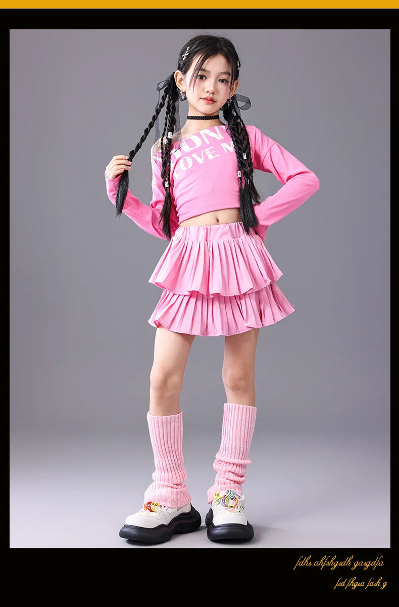 Girls Hip Hop Off Shoulder Crop Top ‌Street Dance Skirts Cargo Pants Children Streetwear Jeans Kids K-pop Girl Group Clothes Set