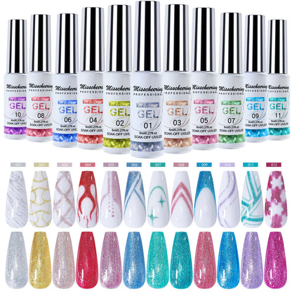 Neon Gel Nail Set Gel Pull Liner Glitter Nail Polish Kit UV/LED Fluorescent Color Gel DIY Manicure Painting Gel Nail Art Brushed