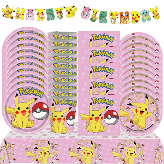 Pink Pokemon Birthday Party Decoration Disposable Tableware Set Pikachu Tablecloth Cup Plate Baby Shower Kids Diy Party Supplies