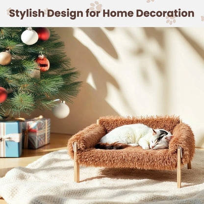 Large Cat Bed Sturdy Wooden Leg Raised Plush Cat Sofa Bed Kitten Bed for Indoor Cats - Soft Cat Couch