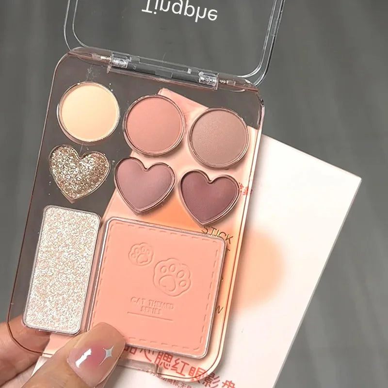 8-Color Pink Orange Eyeshadow Palette Facial Blusher Highlighter Brightening Lasting Heart-shaped Eye Shadow Makeup Cosmetics