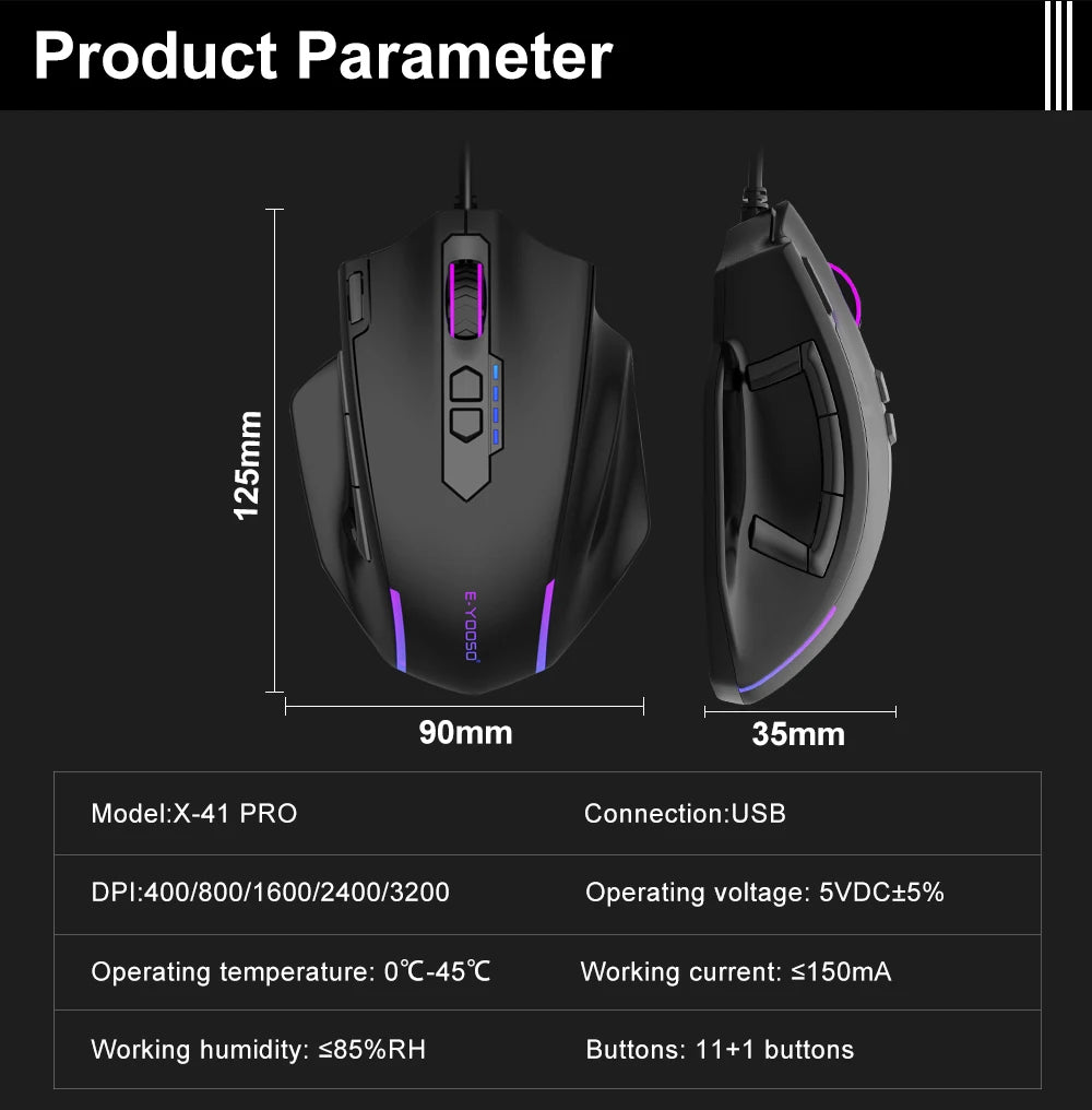 E-YOOSO X-41 USB Wired RGB Gaming Mouse 24000 DPI SG8960 10 buttons programmable game Optical mice for Computer PC Laptop