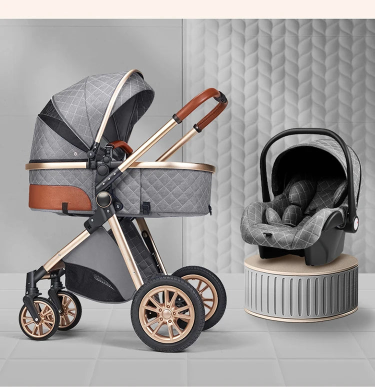 Luxury Baby Stroller 3 in 1 High Landscape Baby Cart Can Sit Can Lie Portable Pushchair Baby Cradel Infant Carrier