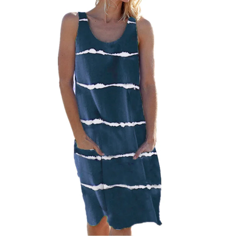 Summer Women's round Neck Printed Striped Vest Dress with Pockets European And United States Style Casual Maxi Dress