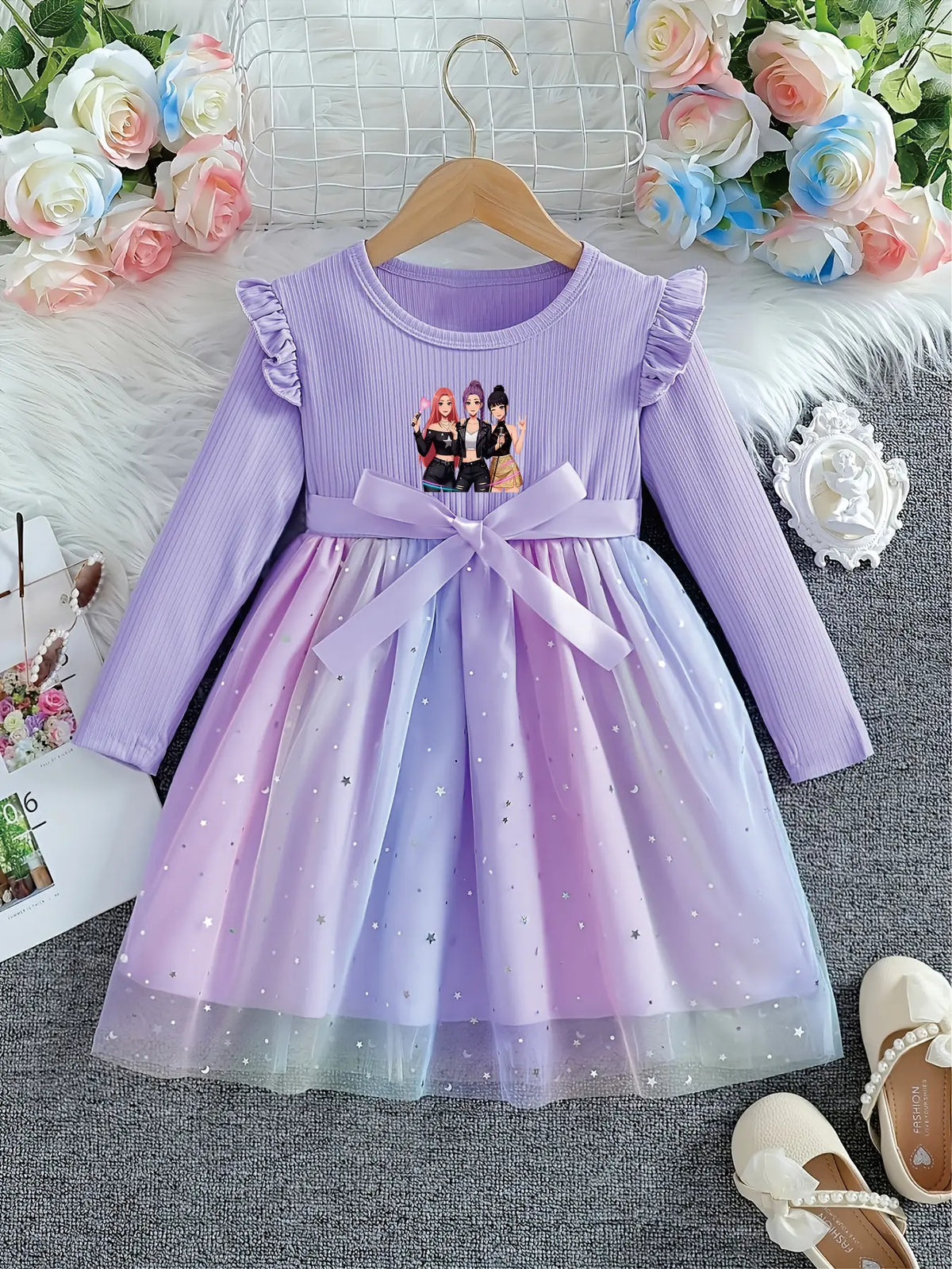 Girls' Long Sleeve Princess Tutu Dress: Cartoon Graphic & Starry Gradient Tulle