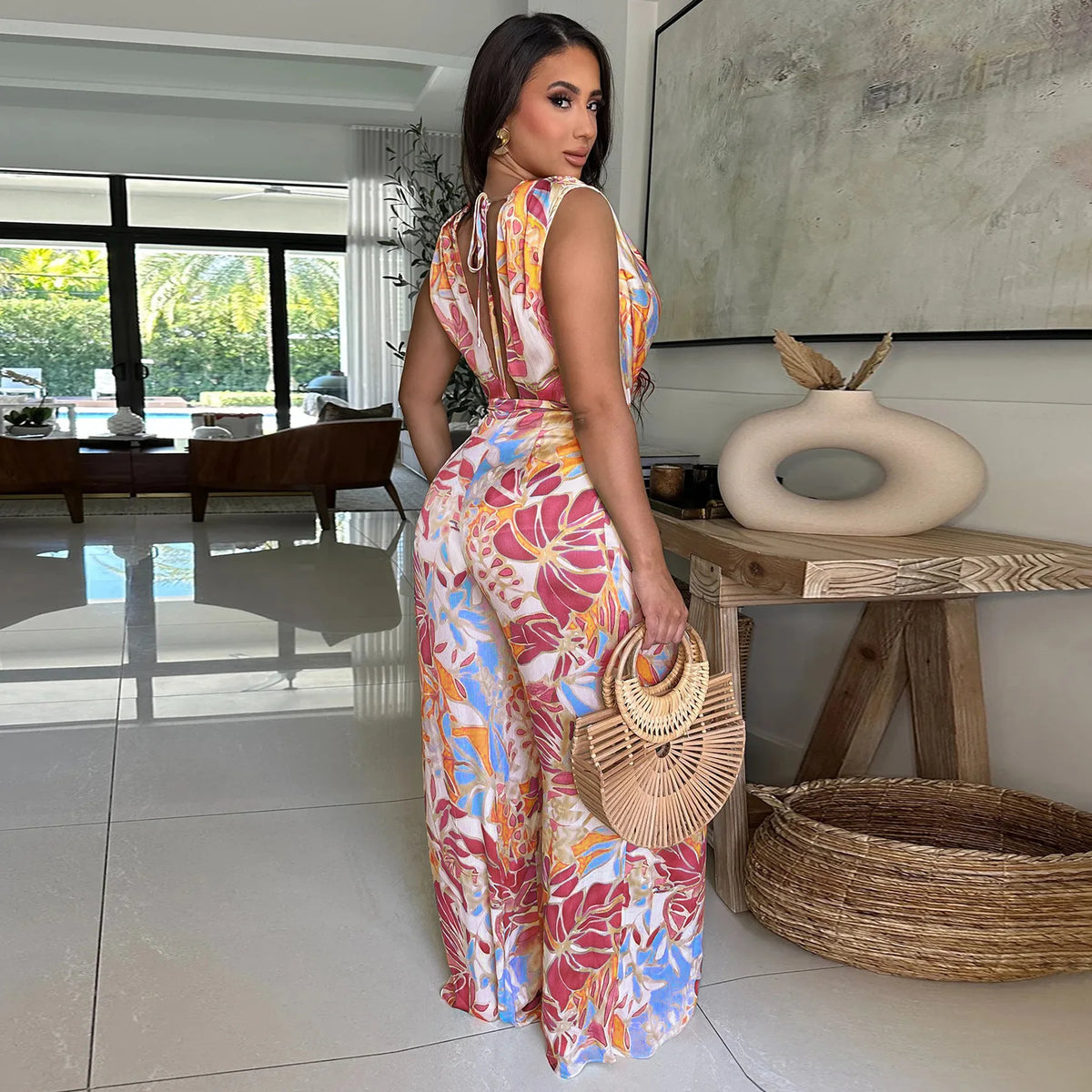 Summer Women 2025 Outfits Beach Jumpsuit Cover Up For Female Swim Swimsuit Sexy Tunic Sleeveless Lace Up Wide Leg Printed Romper