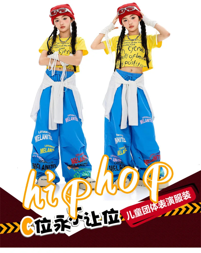 Girls Hiphop Group Jazz Dance Performance Clothes Loose Short Sleeve Top Pants Street Dance Costumes Wear
